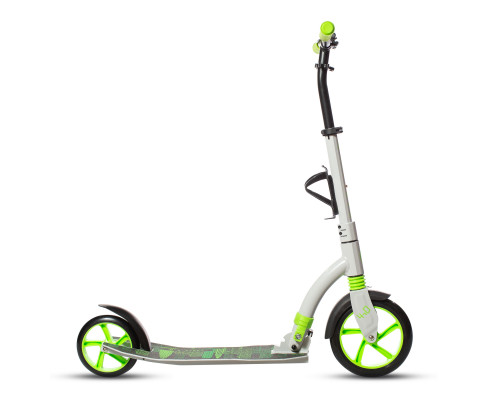 Самокат 00-180021 алюминиевый с передним аммортизатором 230+180мм подшипники ABEC-9 до 100кг, новый ШИРОКИЙ РУЛЬ, серебристо-зеленый COD-X 4.0