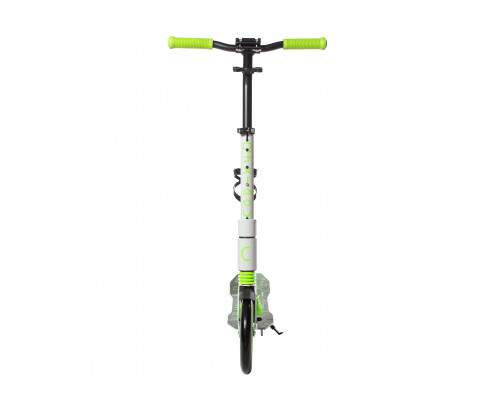 Самокат 00-180021 алюминиевый с передним аммортизатором 230+180мм подшипники ABEC-9 до 100кг, новый ШИРОКИЙ РУЛЬ, серебристо-зеленый COD-X 4.0