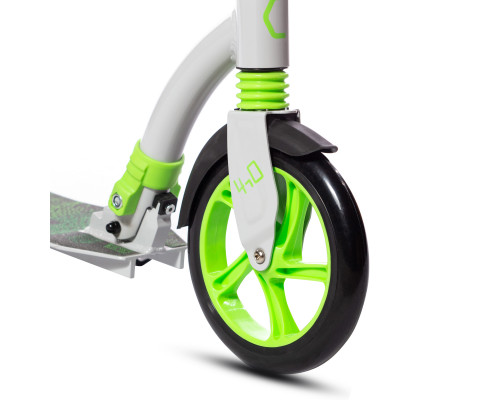 Самокат 00-180021 алюминиевый с передним аммортизатором 230+180мм подшипники ABEC-9 до 100кг, новый ШИРОКИЙ РУЛЬ, серебристо-зеленый COD-X 4.0