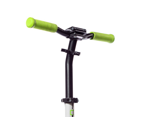 Самокат 00-180021 алюминиевый с передним аммортизатором 230+180мм подшипники ABEC-9 до 100кг, новый ШИРОКИЙ РУЛЬ, серебристо-зеленый COD-X 4.0