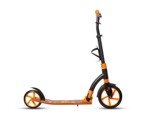Самокат 00-180022 алюминиевый с передним аммортизатором 230+180мм подшипники ABEC-9 до 100кг, новый ШИРОКИЙ РУЛЬ, черно-оранжевый COD-X 4.0