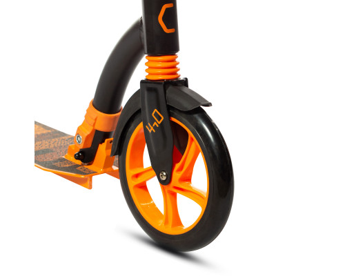 Самокат 00-180022 алюминиевый с передним аммортизатором 230+180мм подшипники ABEC-9 до 100кг, новый ШИРОКИЙ РУЛЬ, черно-оранжевый COD-X 4.0