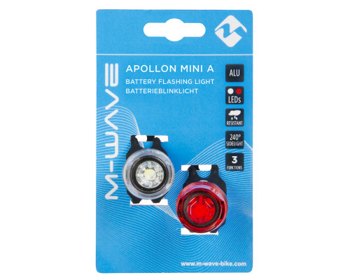 Фонарики 5-220565 APOLLON MINI A передний 1диод/3функции+задний 1диод/3функции 25г/шт с батарейками алюминиевый черный корпус M-WAVE
