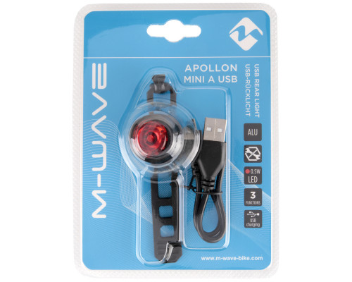 Фонарь 5-220627 задний 1диод повышенной яркости 0.5Вт /3функции USB-зарядка Li-Pol АКБ быстросъемный алюминиевый 26г APPOLON MINI A USB M-WAVE