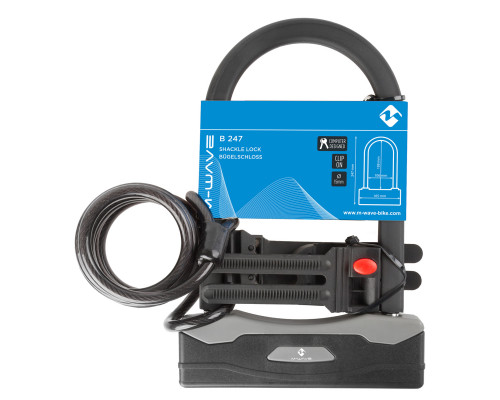 Замок 5-234025 ″скоба″ вело/универсальный U-образный 165х247мм квадратное сечения пруток 15мм с тросом 8х1800мм, с крепежом к раме M-WAVE