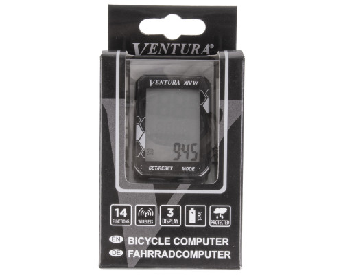 Велокомпьютер 5-244361 беспроводной 14 функций 3-х строчный дисплей, влагозащитный, столик с изменяемым углом наклона, черный VENTURA XIV W