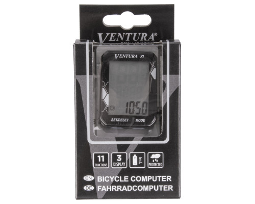 Велокомпьютер 5-244527 11 функций 3-х строчный дисплей, влагозащитный, НОВЫЙ дизайн черный VENTURA ХI