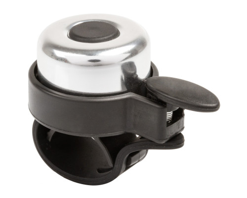 Звонок 5-420162 алюминиевый мини D=35мм б/съемный крепление без инструмента резиновым хомутом, черно-серебристый