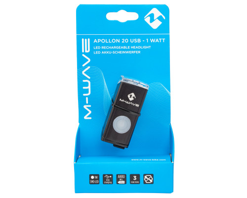 Фара 5-220421 1диод повышенной яркости 1W 20LUX/95люмин/3функции Li-Ion АКБ USB-зарядка быстросъемная черная APOLLON 20 USB M-WAVE