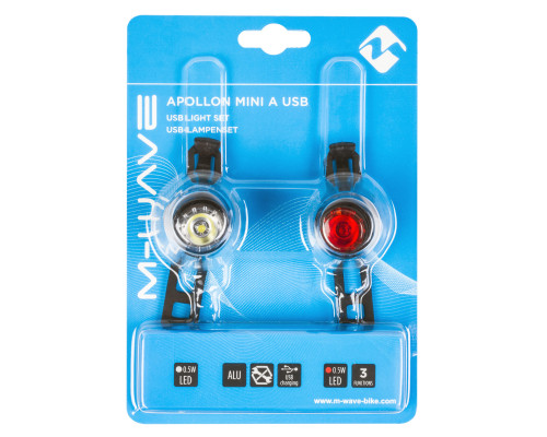 Фонарики 5-220628 задний+передний 1диод повышенной яркости 0.5Вт/3ф USB-заряд. Li-Pol АКБ быстросъемный алюминиевый 26г M-WAVE