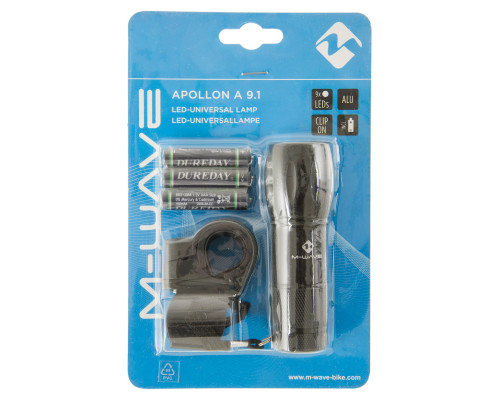 Фара 5-220941 9диодов/1функция алюминиевая с батарейками, с ремешком, черная APOLLON A 9.1 M-WAVE