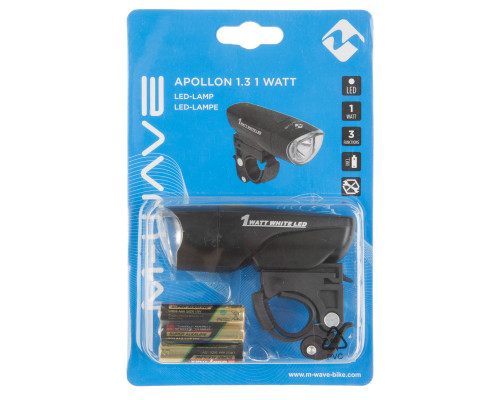 Фара 5-220950 1диод повышенной яркости 1W/3функции черная с батарейками APOLLON 1.3 1 WATT M-WAVE
