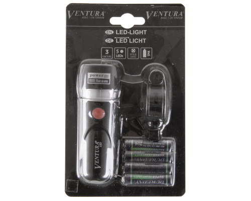 Фара 5-220951 5диодов/3функции с линзами с батарейками черная VENTURA