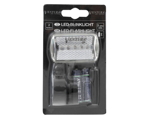 Фонарь 5-221086 передний 5диодов/2функции белый с желтыми диодами, с батарейками VENTURA