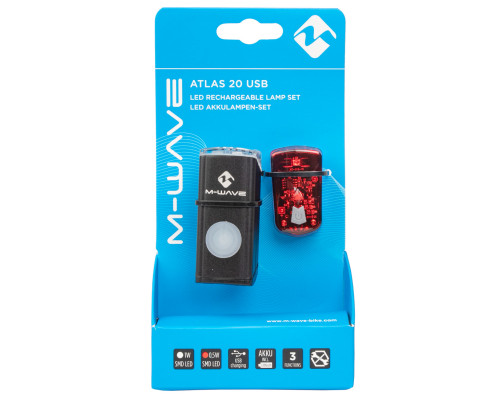 Фара+фонарь 5-221092 Li-Ion АКБ USB-зарядка 1диод 1W 20люкс/95люм/3функции алюминиевый + 1диод 0,5W/2функции красный ATLAS 20 USB M-WAVE