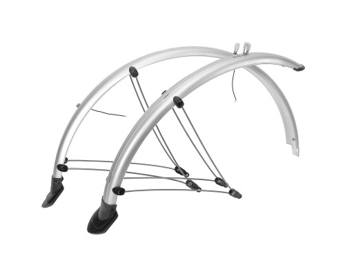 Крылья 5-386106 металлопластиковые 28″х48мм с электропроводкой, защитой на усах и резиновыми брызговиками серебристые M-WAVE