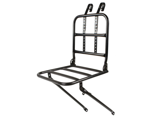 Багажник 5-440458 сталь 16мм передний 30х30см со спинкой крепление к вилке и рулю складной черный